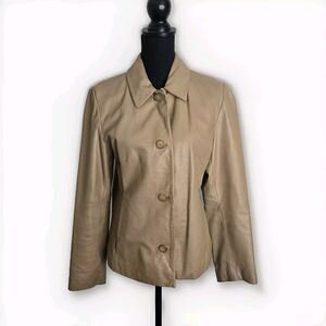 Colebrook & Co Leather Jacket Women Medium Button Up Tan Neutral Beige